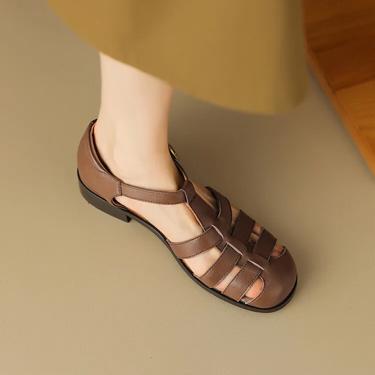 Summer sandals, round toe, chunky heel, low heel, buckle, cowhide leather women's shoes, 3-2o