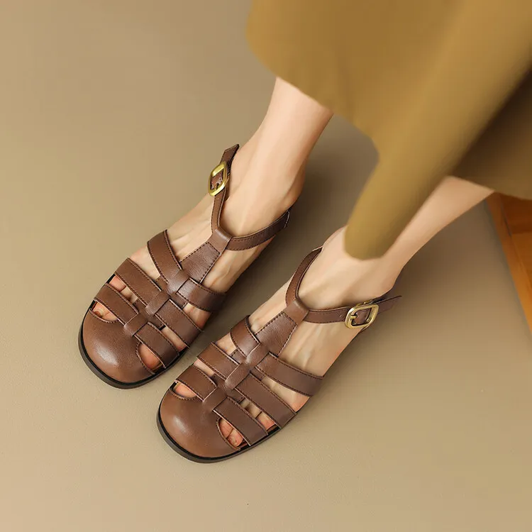 Summer sandals, round toe, chunky heel, low heel, buckle, cowhide leather women's shoes, 3-2o