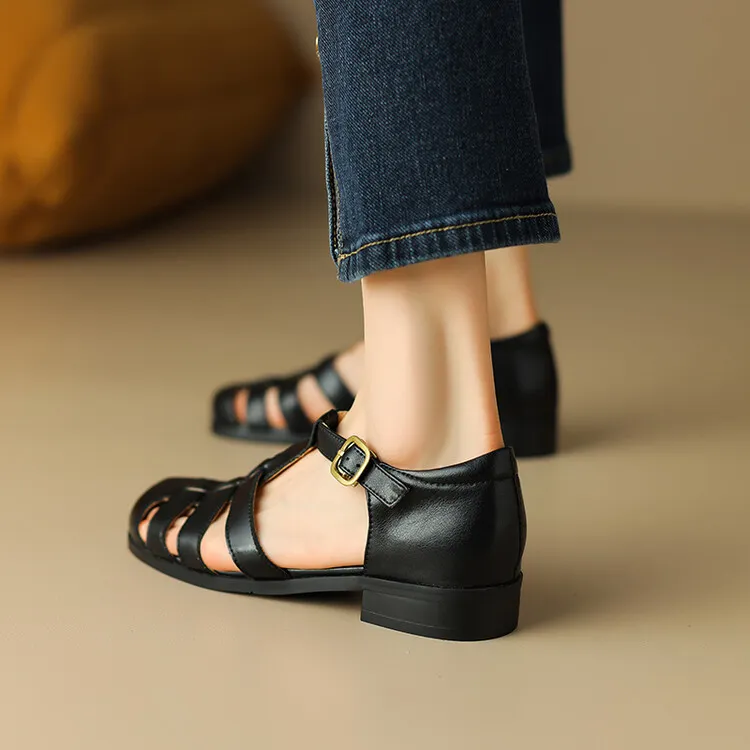 Summer sandals, round toe, chunky heel, low heel, buckle, cowhide leather women's shoes, 3-2o