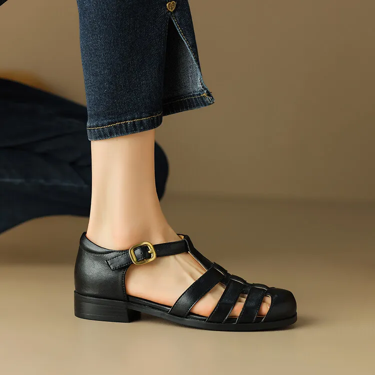 Summer sandals, round toe, chunky heel, low heel, buckle, cowhide leather women's shoes, 3-2o