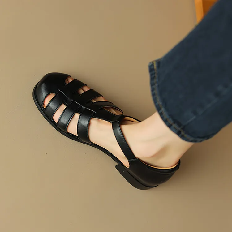 Summer sandals, round toe, chunky heel, low heel, buckle, cowhide leather women's shoes, 3-2o