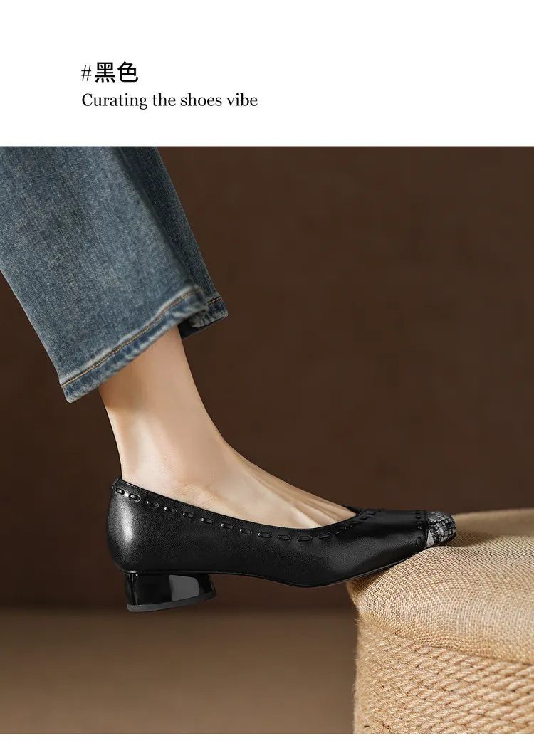 Early spring single shoes, square toe, low-cut, chunky heel, high heel, sheepskin fashion women's shoes, 3-6n