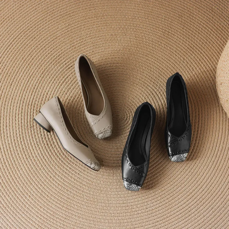 Early spring single shoes, square toe, low-cut, chunky heel, high heel, sheepskin fashion women's shoes, 3-6n