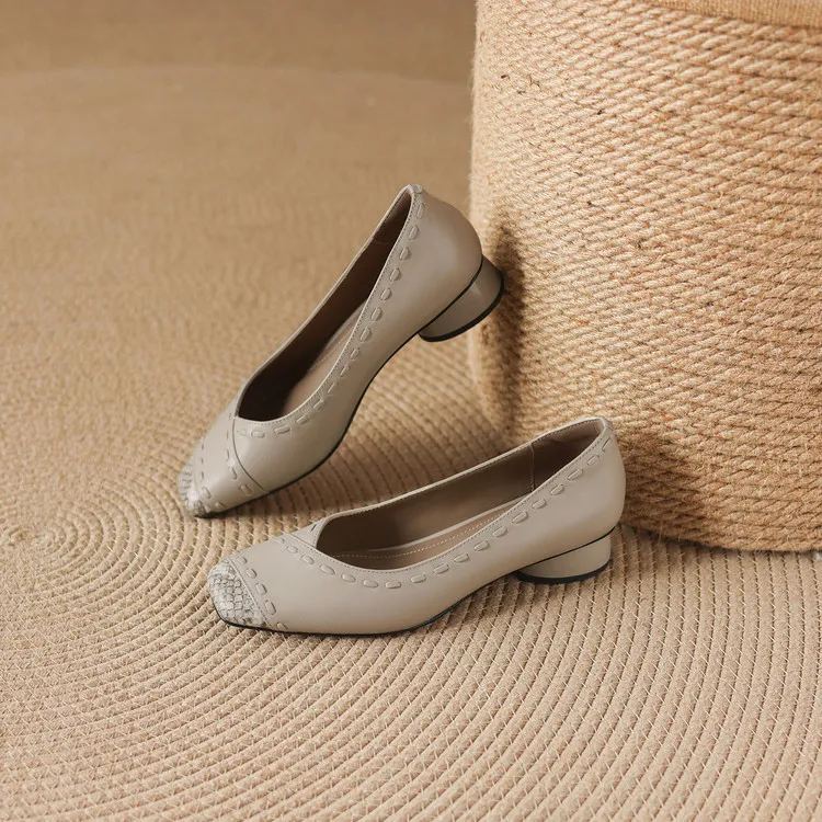 Early spring single shoes, square toe, low-cut, chunky heel, high heel, sheepskin fashion women's shoes, 3-6n