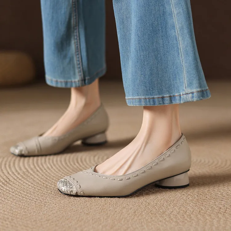 Early spring single shoes, square toe, low-cut, chunky heel, high heel, sheepskin fashion women's shoes, 3-6n