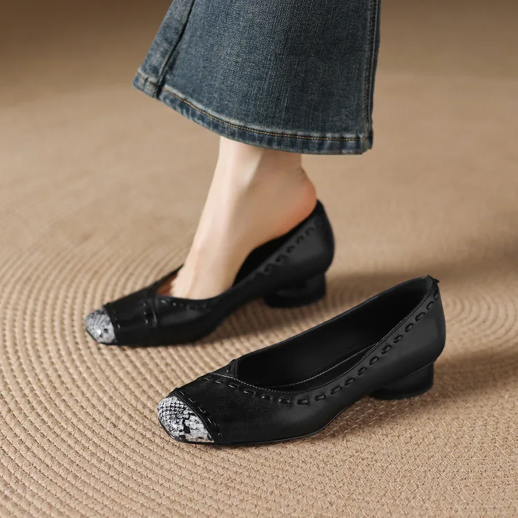 Early spring single shoes, square toe, low-cut, chunky heel, high heel, sheepskin fashion women's shoes, 3-6n
