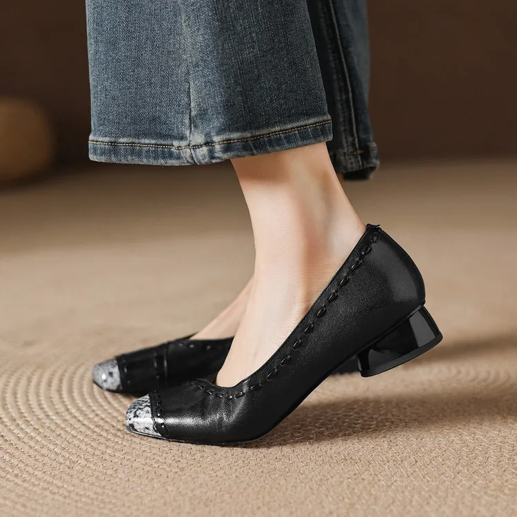 Early spring single shoes, square toe, low-cut, chunky heel, high heel, sheepskin fashion women's shoes, 3-6n
