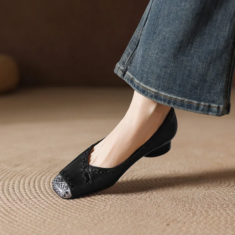 Early spring single shoes, square toe, low-cut, chunky heel, high heel, sheepskin fashion women's shoes, 3-6n