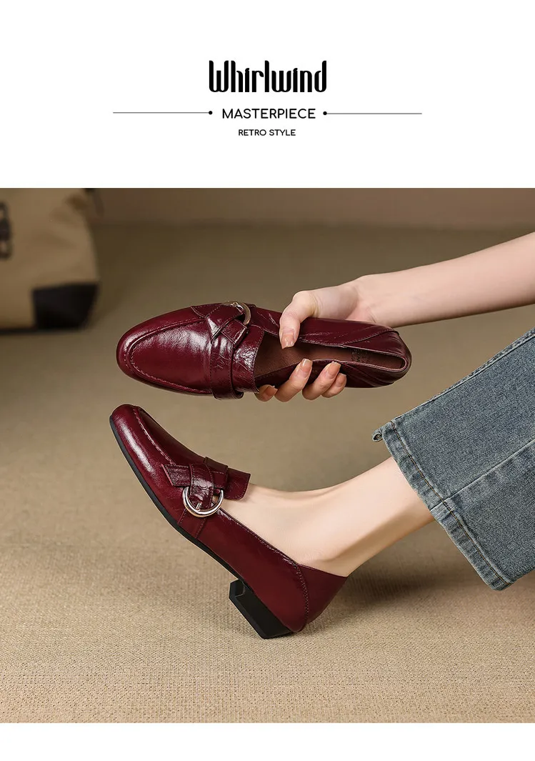 Plus-size women's shoes, spring and autumn cowhide loafers, women's belt buckle single shoes, retro small leather shoes
