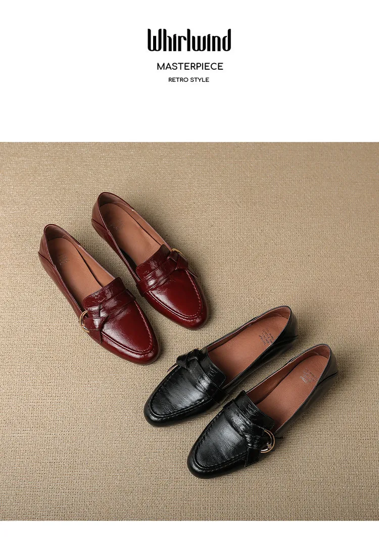 Plus-size women's shoes, spring and autumn cowhide loafers, women's belt buckle single shoes, retro small leather shoes