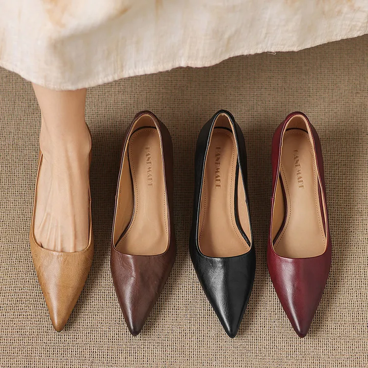 Early Spring Single Shoes Pointed Toe Low Mouth Stiletto Heel High Heel Cowhide Fashion Women's Shoes 2-27e