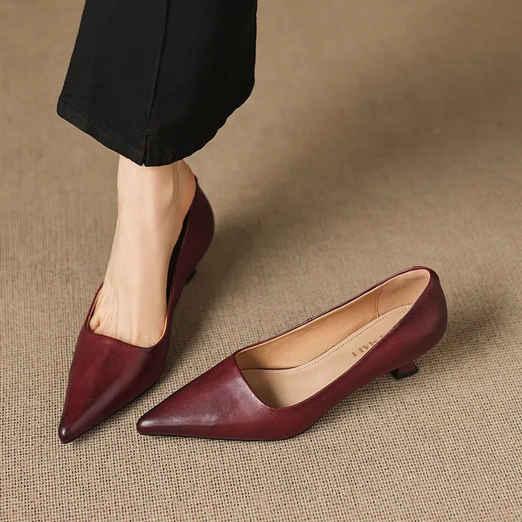Early Spring Single Shoes Pointed Toe Low Mouth Stiletto Heel High Heel Cowhide Fashion Women's Shoes 2-27e