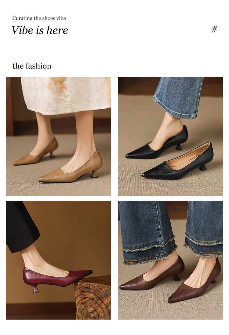 Early Spring Single Shoes Pointed Toe Low Mouth Stiletto Heel High Heel Cowhide Fashion Women's Shoes 2-27e