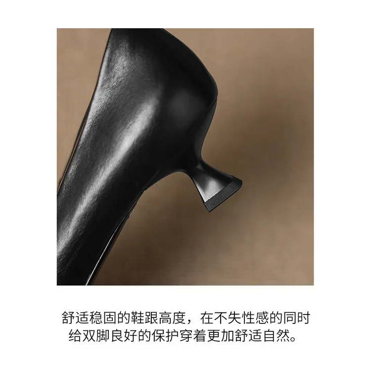 Early Spring Single Shoes Pointed Toe Low Mouth Stiletto Heel High Heel Cowhide Fashion Women's Shoes 2-27e