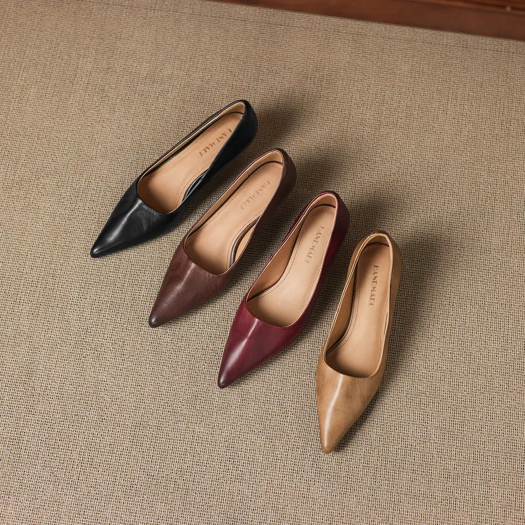 Early Spring Single Shoes Pointed Toe Low Mouth Stiletto Heel High Heel Cowhide Fashion Women's Shoes 2-27e