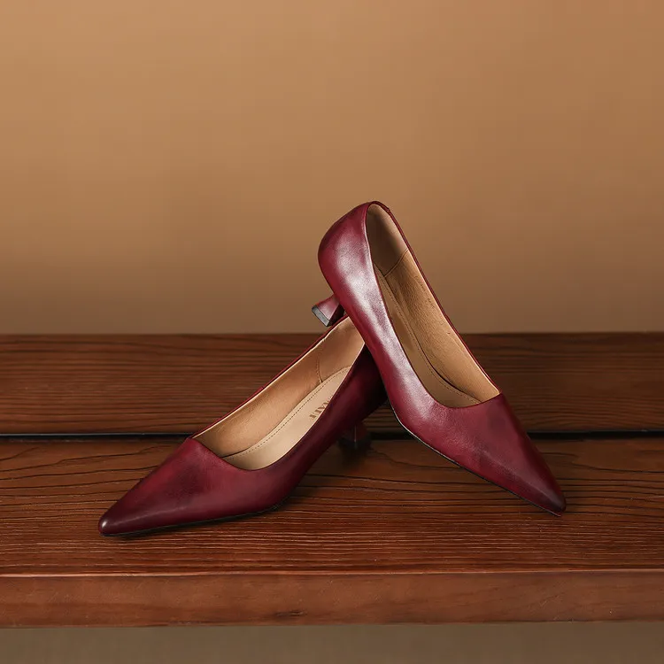 Early Spring Single Shoes Pointed Toe Low Mouth Stiletto Heel High Heel Cowhide Fashion Women's Shoes 2-27e