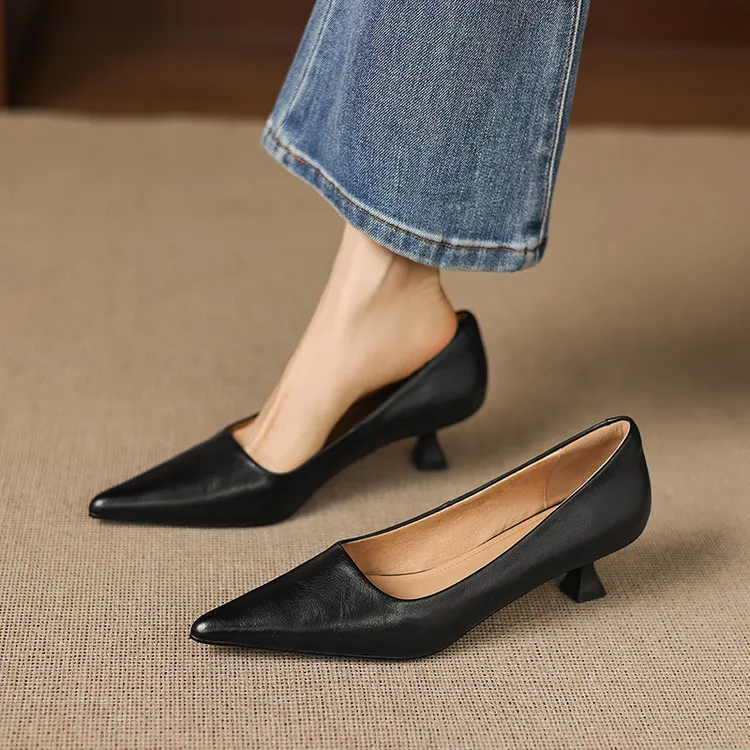 Early Spring Single Shoes Pointed Toe Low Mouth Stiletto Heel High Heel Cowhide Fashion Women's Shoes 2-27e