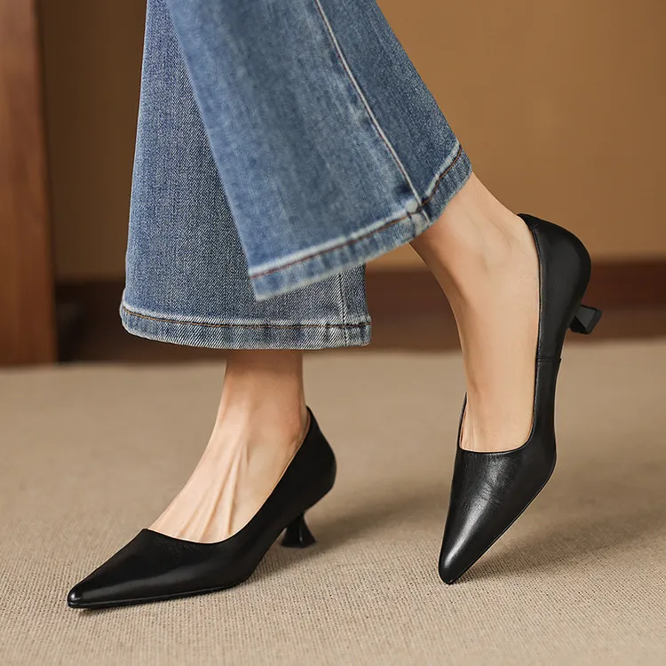 Early Spring Single Shoes Pointed Toe Low Mouth Stiletto Heel High Heel Cowhide Fashion Women's Shoes 2-27e