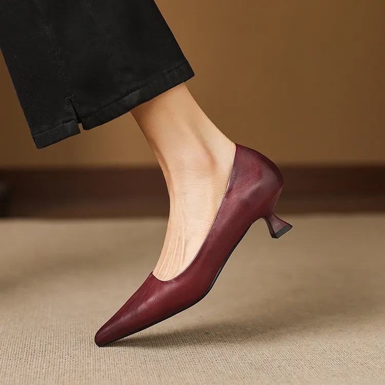 Early Spring Single Shoes Pointed Toe Low Mouth Stiletto Heel High Heel Cowhide Fashion Women's Shoes 2-27e