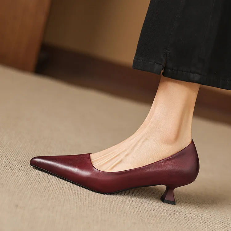 Early Spring Single Shoes Pointed Toe Low Mouth Stiletto Heel High Heel Cowhide Fashion Women's Shoes 2-27e