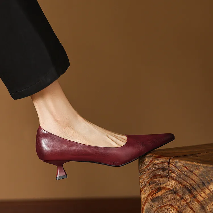 Early Spring Single Shoes Pointed Toe Low Mouth Stiletto Heel High Heel Cowhide Fashion Women's Shoes 2-27e