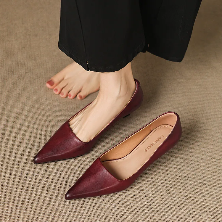 Early Spring Single Shoes Pointed Toe Low Mouth Stiletto Heel High Heel Cowhide Fashion Women's Shoes 2-27e