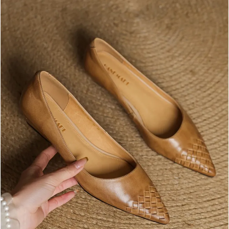 Early Spring Single Shoes Pointed Toe Low Mouth Wedge Heel Leather Fashion Women's Shoes 3-7b