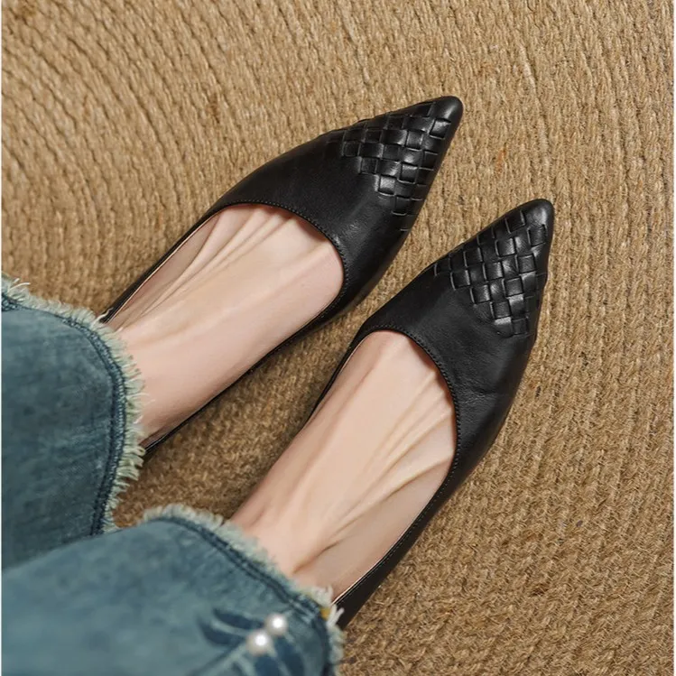 Early Spring Single Shoes Pointed Toe Low Mouth Wedge Heel Leather Fashion Women's Shoes 3-7b