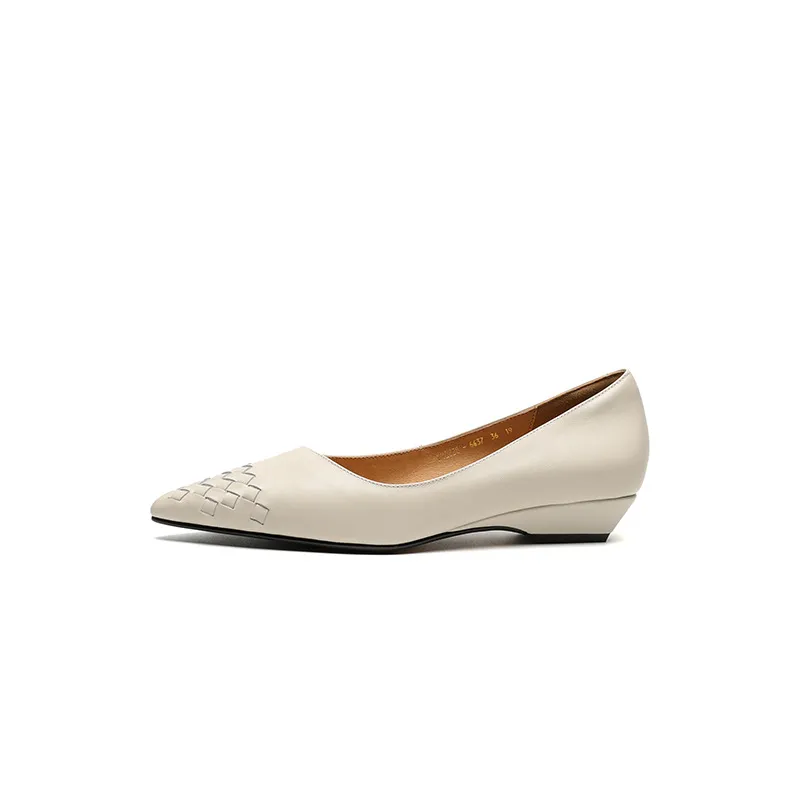 Early Spring Single Shoes Pointed Toe Low Mouth Wedge Heel Leather Fashion Women's Shoes 3-7b