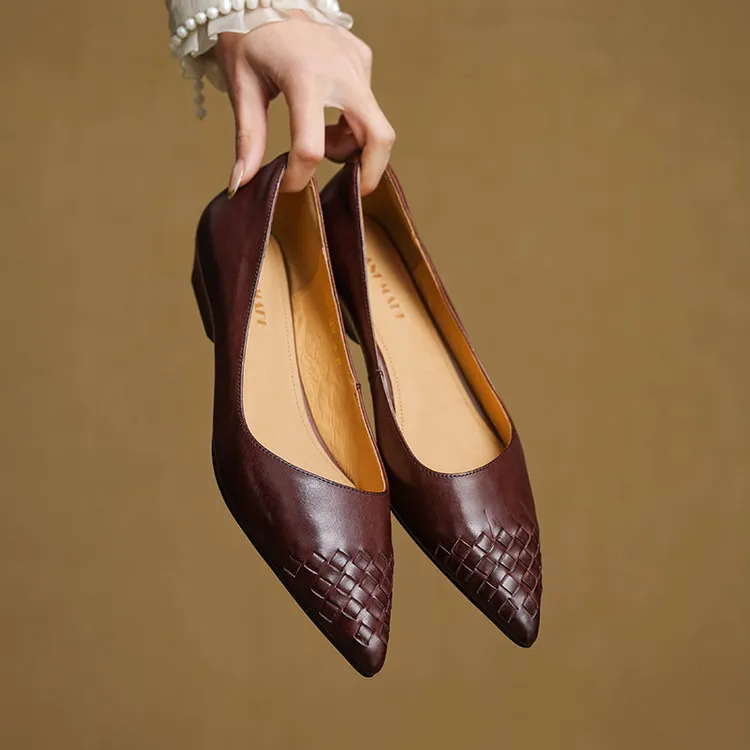 Early Spring Single Shoes Pointed Toe Low Mouth Wedge Heel Leather Fashion Women's Shoes 3-7b