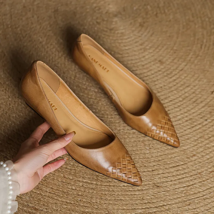 Early Spring Single Shoes Pointed Toe Low Mouth Wedge Heel Leather Fashion Women's Shoes 3-7b
