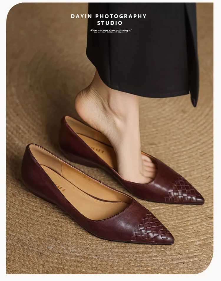 Early Spring Single Shoes Pointed Toe Low Mouth Wedge Heel Leather Fashion Women's Shoes 3-7b