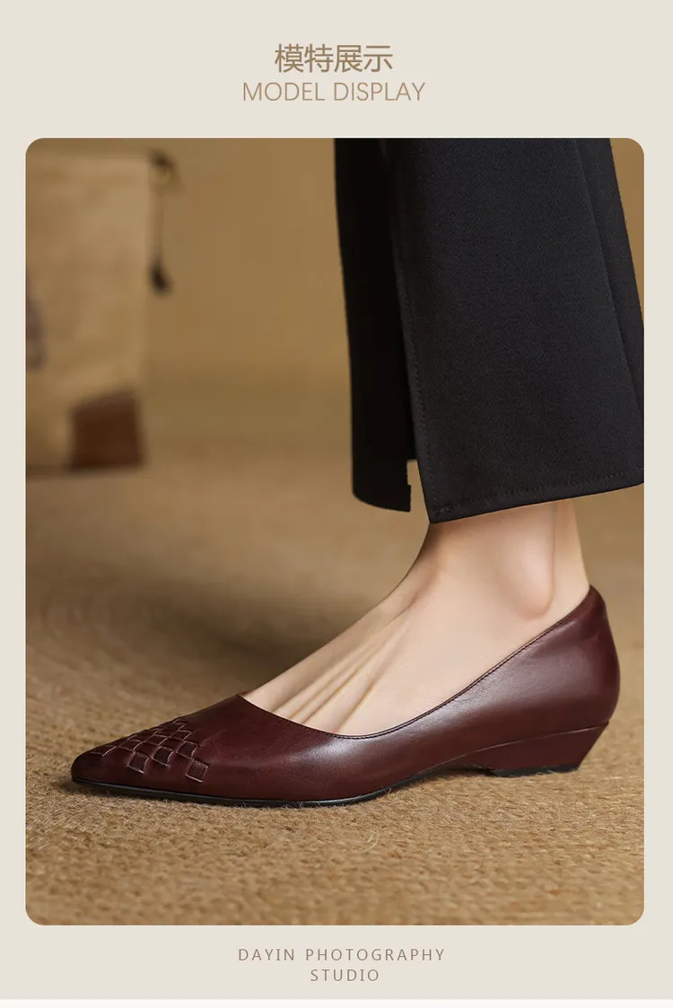 Early Spring Single Shoes Pointed Toe Low Mouth Wedge Heel Leather Fashion Women's Shoes 3-7b