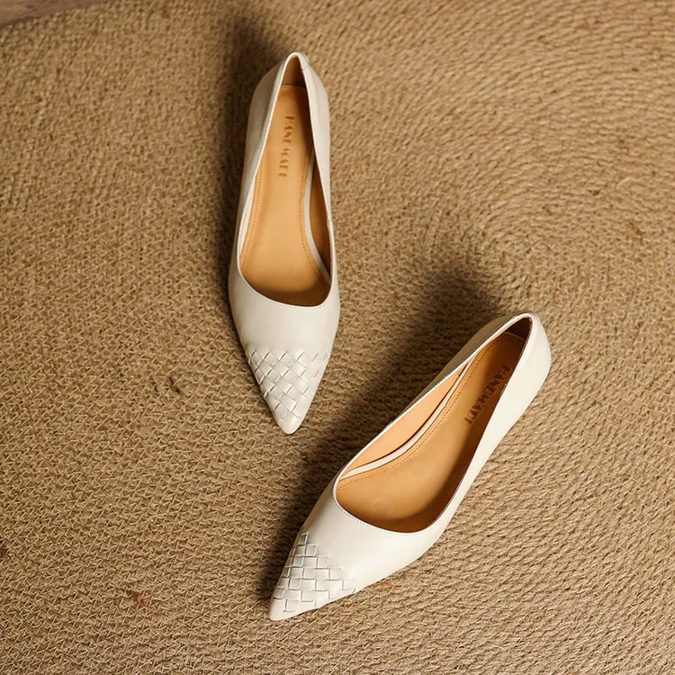 Early Spring Single Shoes Pointed Toe Low Mouth Wedge Heel Leather Fashion Women's Shoes 3-7b