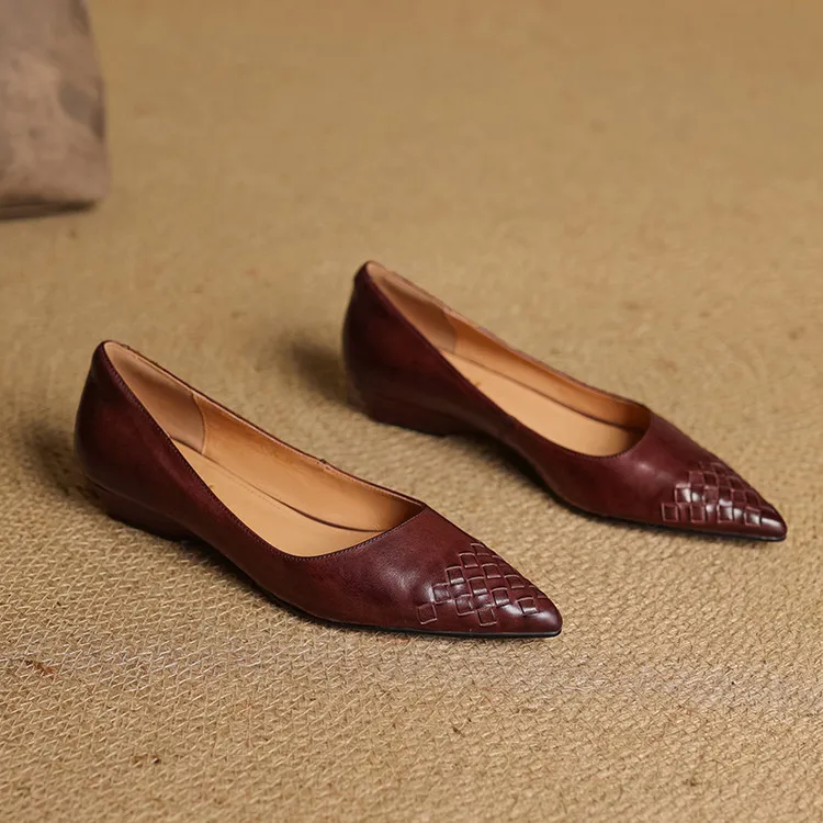 Early Spring Single Shoes Pointed Toe Low Mouth Wedge Heel Leather Fashion Women's Shoes 3-7b