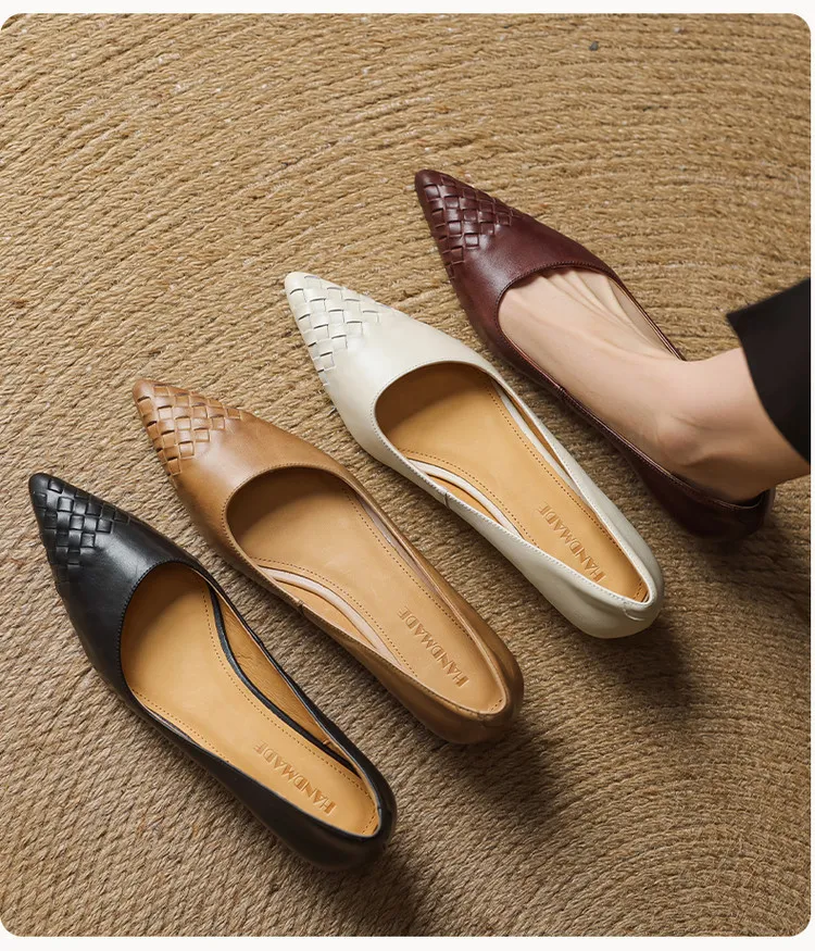 Early Spring Single Shoes Pointed Toe Low Mouth Wedge Heel Leather Fashion Women's Shoes 3-7b