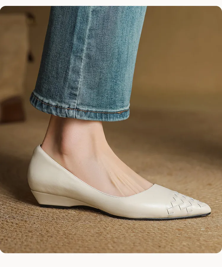 Early Spring Single Shoes Pointed Toe Low Mouth Wedge Heel Leather Fashion Women's Shoes 3-7b