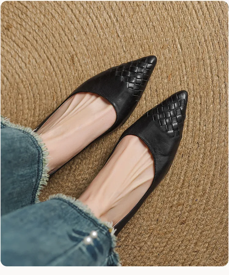 Early Spring Single Shoes Pointed Toe Low Mouth Wedge Heel Leather Fashion Women's Shoes 3-7b
