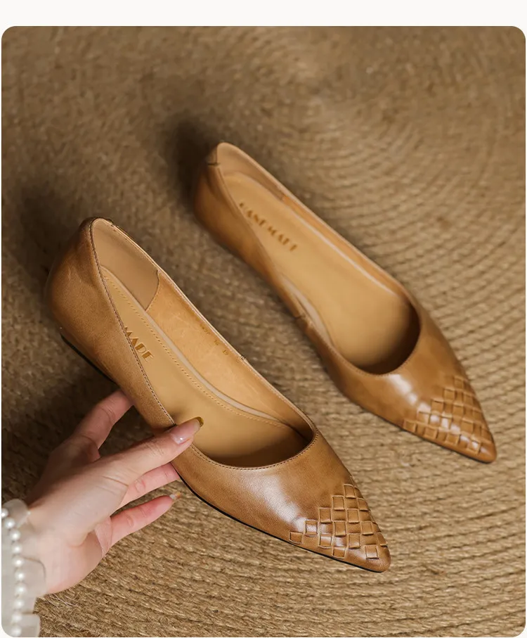 Early Spring Single Shoes Pointed Toe Low Mouth Wedge Heel Leather Fashion Women's Shoes 3-7b