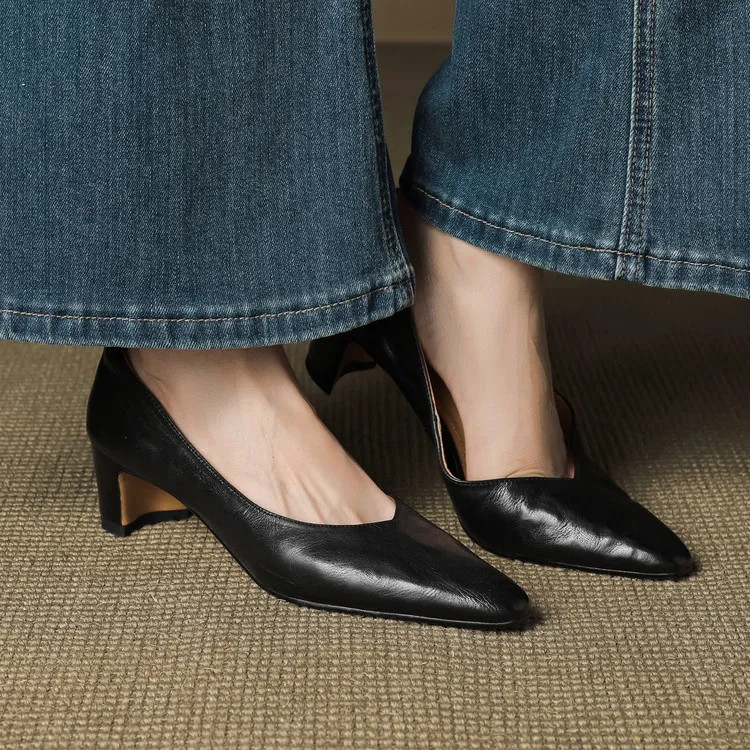 Early Spring Single Shoes Round Toe Low Mouth Chunky Heel High Heel Fashion Women's Shoes 3-7d