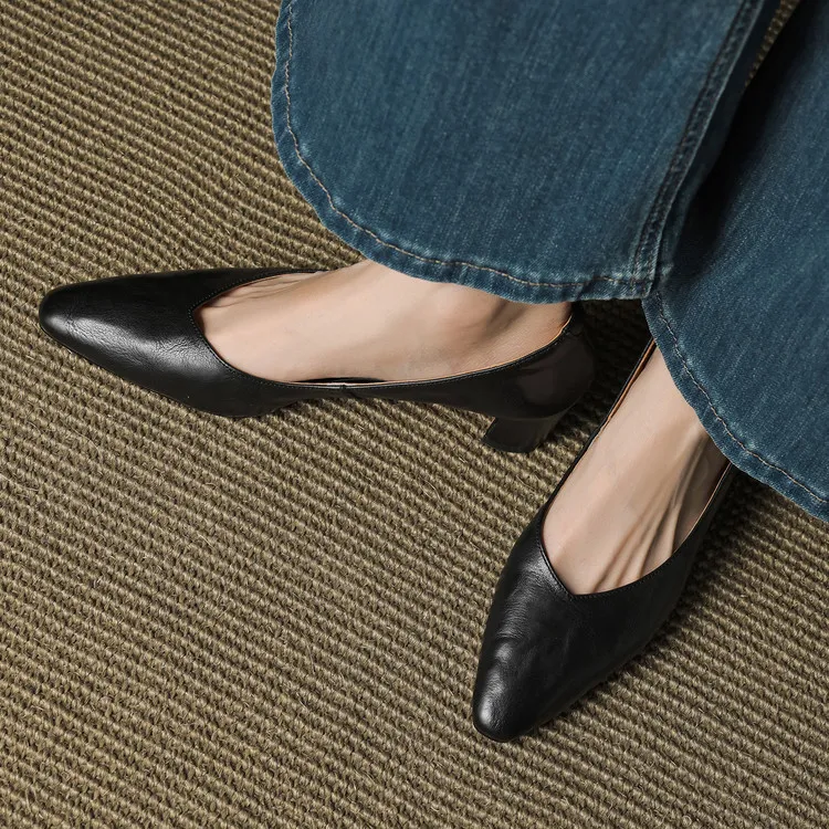 Early Spring Single Shoes Round Toe Low Mouth Chunky Heel High Heel Fashion Women's Shoes 3-7d