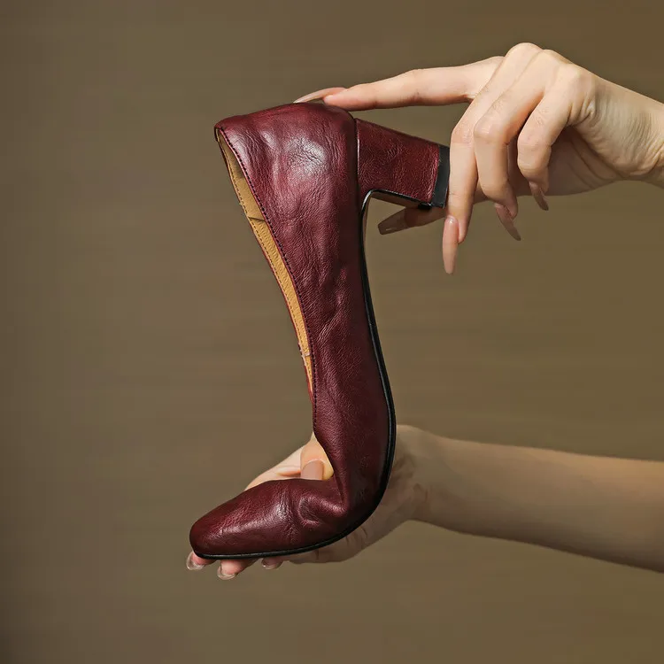 Early Spring Single Shoes Round Toe Low Mouth Chunky Heel High Heel Fashion Women's Shoes 3-7d