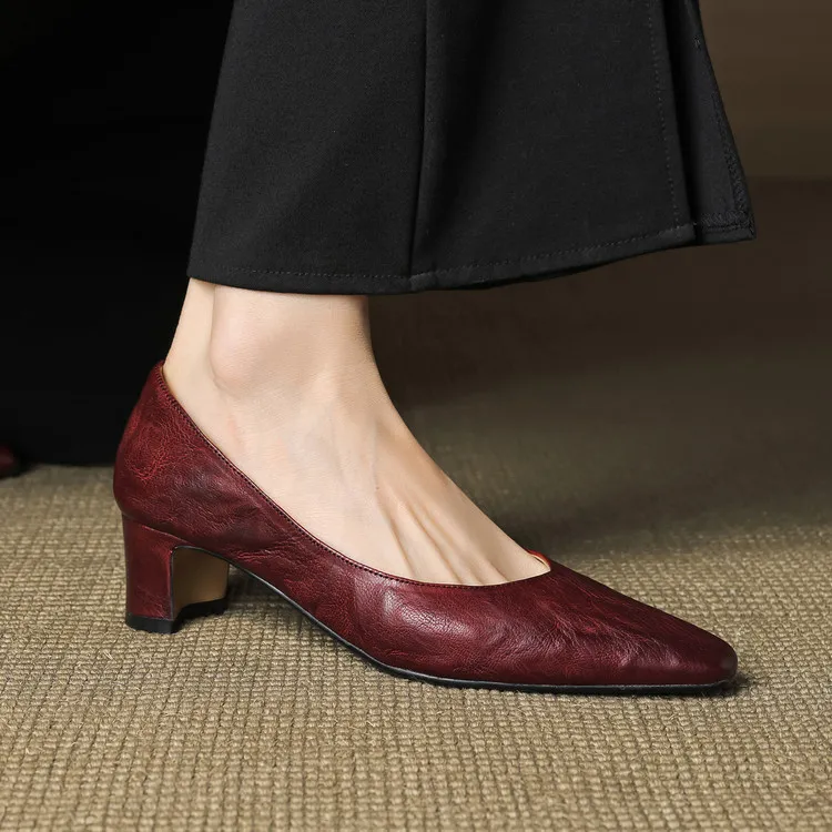 Early Spring Single Shoes Round Toe Low Mouth Chunky Heel High Heel Fashion Women's Shoes 3-7d