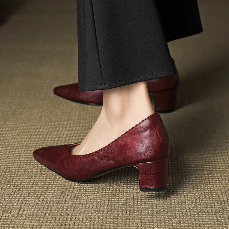 Early Spring Single Shoes Round Toe Low Mouth Chunky Heel High Heel Fashion Women's Shoes 3-7d