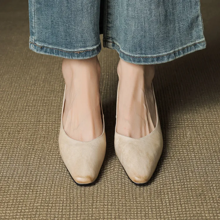 Early Spring Single Shoes Round Toe Low Mouth Chunky Heel High Heel Fashion Women's Shoes 3-7d