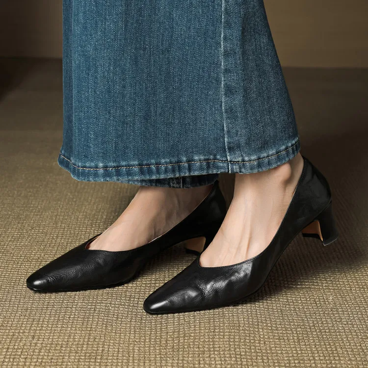 Early Spring Single Shoes Round Toe Low Mouth Chunky Heel High Heel Fashion Women's Shoes 3-7d