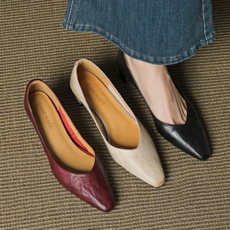 Early Spring Single Shoes Round Toe Low Mouth Chunky Heel High Heel Fashion Women's Shoes 3-7d
