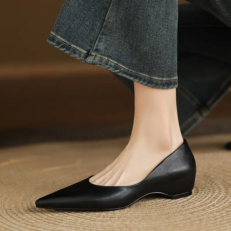 Spring and Autumn Retro Elegant Hidden Wedge Pointed Toe Women's Shoes Simple and Stylish Commuter Soft Sole Low Mouth Single Shoes