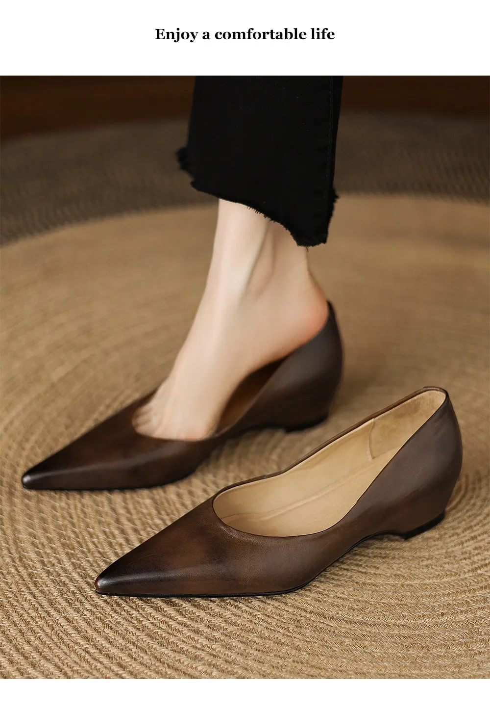 Spring and Autumn Retro Elegant Hidden Wedge Pointed Toe Women's Shoes Simple and Stylish Commuter Soft Sole Low Mouth Single Shoes