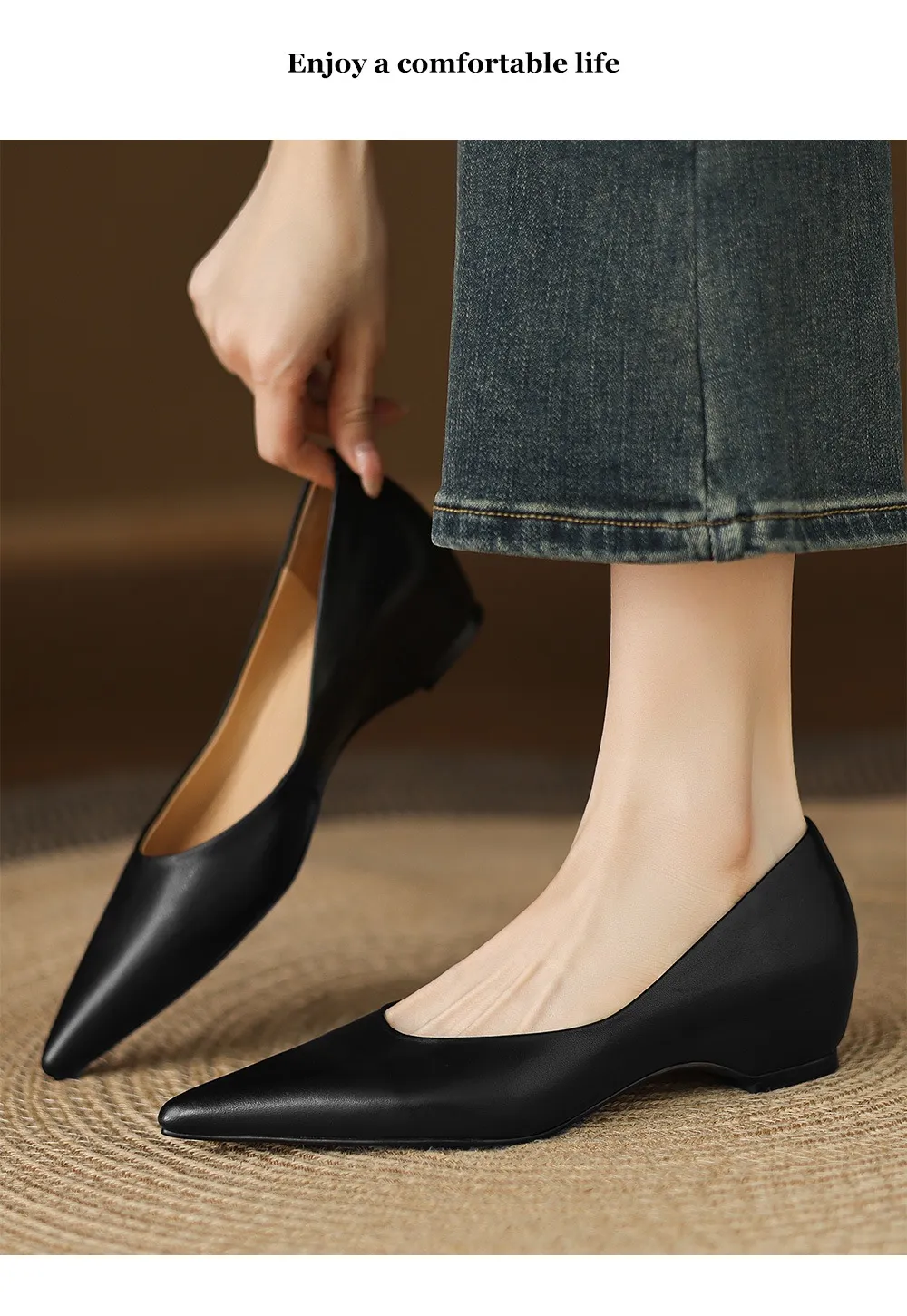 Spring and Autumn Retro Elegant Hidden Wedge Pointed Toe Women's Shoes Simple and Stylish Commuter Soft Sole Low Mouth Single Shoes